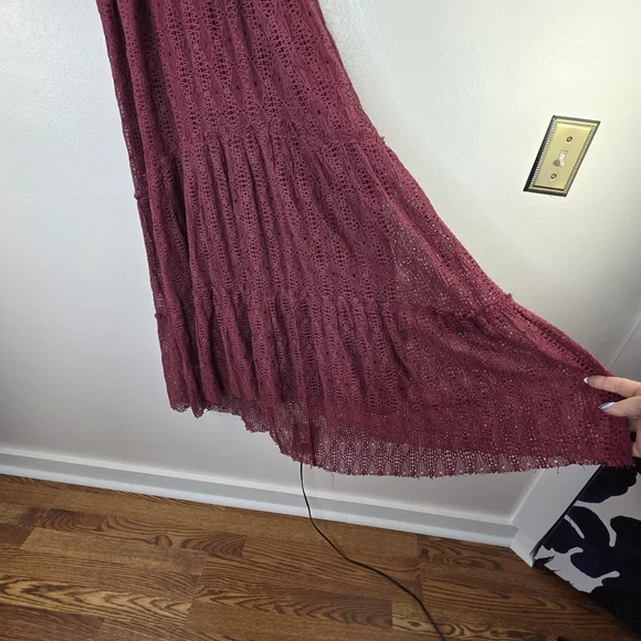 Willow & Root Earth Red Crochet V Neck Adjustible Strap Tiered Maxi Dress Length - Picture 8 of 15